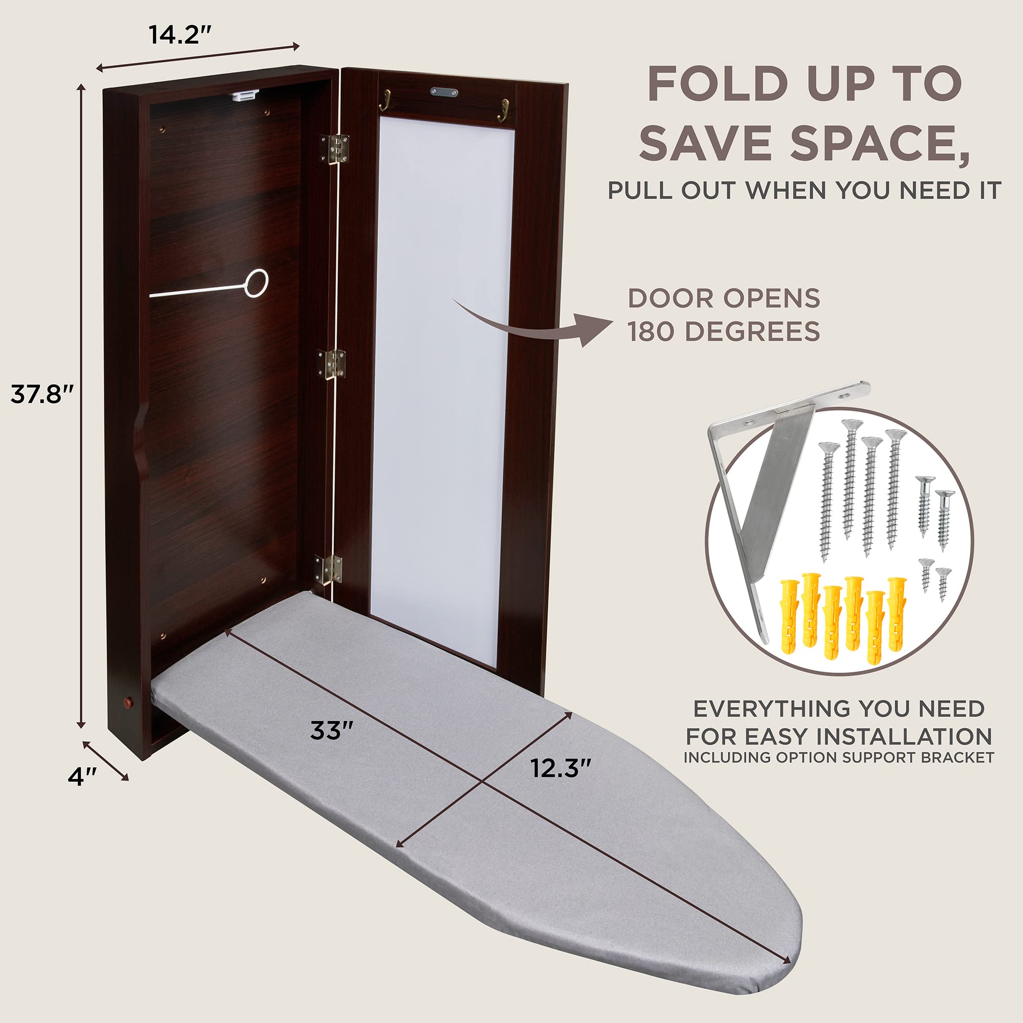 Ivation Wall-Mounted Ironing Board Cabinet, Foldable Ironing Storage Station for Home, Apartment & Small Spaces, Easy-Release Lever, with Miror Door, Walnut Color