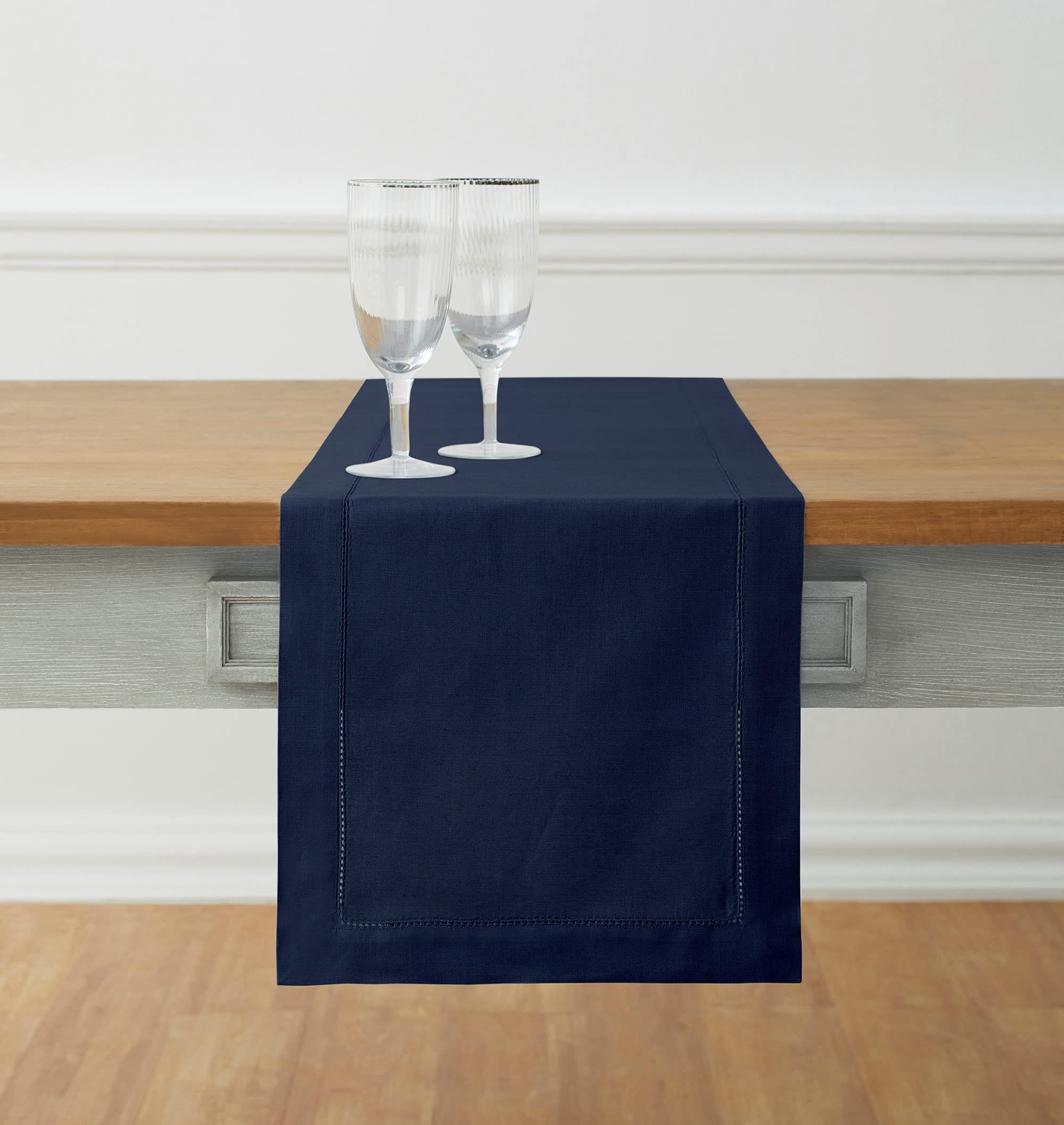 Solino Home Navy Table Runner 90 Inches Long - Cotton Linen Hemstitch 14 x 90 Inch Table Runner for Dining, Summer, Fall