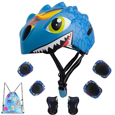 Toddler Helmet Kids Bike Helmet for 2 3 4 5 6 7 8 Years Old Girls with 3D Dinosaur Design Protective Gear Set and Safety Certified, Toddler Bike Cycling Skating Skateboard Scooter Helmet (Blue)