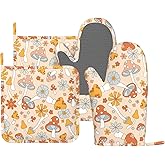 DYCBNESS Retro 70s 60s Mushroom Oven Mitts Pot Holders Set Silicone Vintage Orange Flower Boho Floral Kitchen Oven Mitts Heat Resistant Potholders Non-Slip 4pcs Hot Pads and Oven Gloves Sets for BBQ