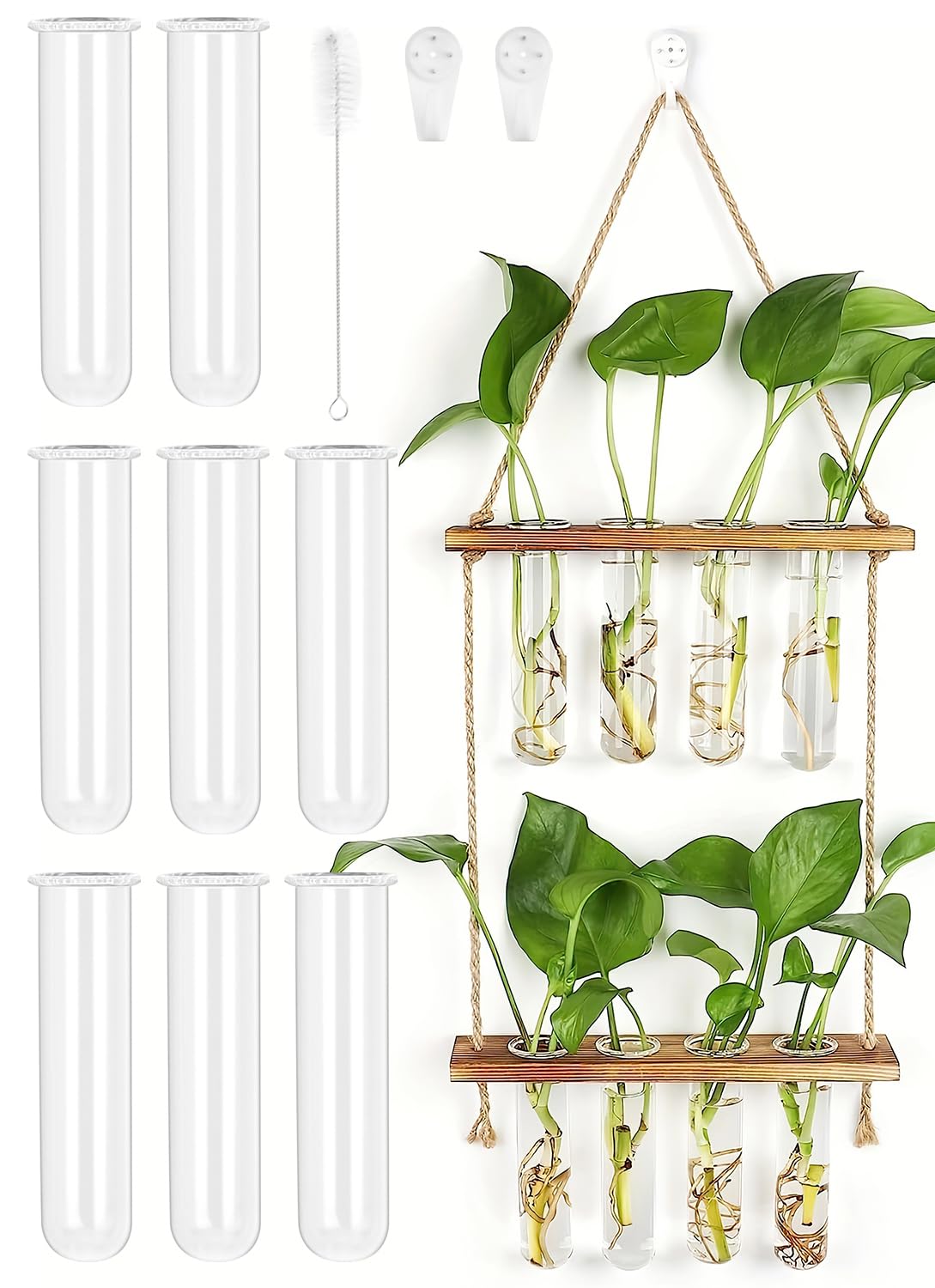 Plant Propagation Station Wall Vase 2 Tiered Wall Hanging Glass Vase Planters with Wooden Stand for Hydroponic Plants, Plant Propagation Tubes Glass with Clean Brush and Hook for Indoor Outdoor Decor