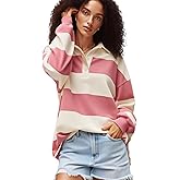 Kodaruber Women Striped Polo Sweatshirt Oversized Long Sleeve Lapel V Neck Pullover Shirt Trendy Rugby Shirts