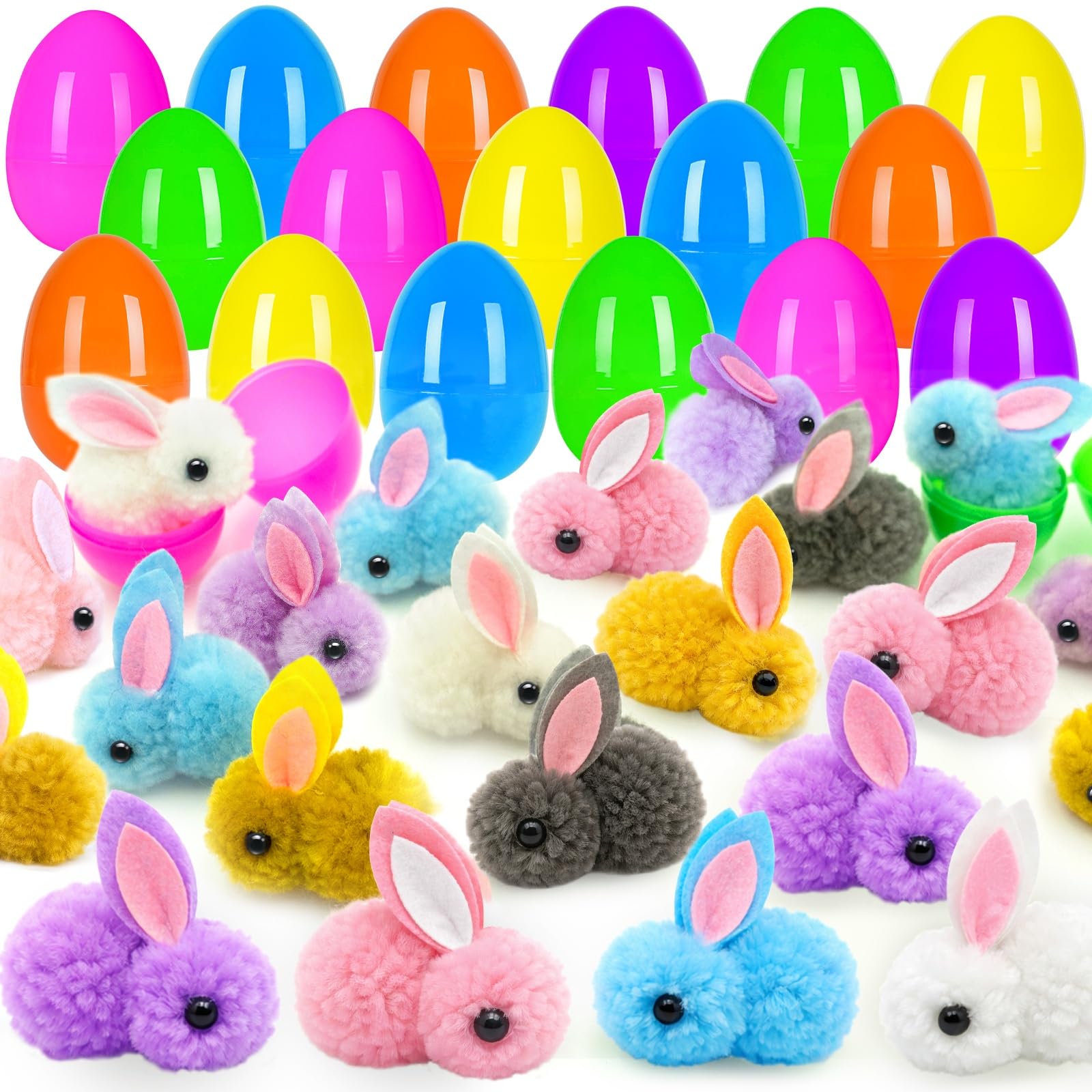ZICZLI 24 Pack Easter Eggs Filled Plush Bunny Toys, Mini Colorful Bunny Egg Fillers for Kids Toddler Boys Girls Easter Egg Hunt Classroom Prize Supplies Basket Stuffers Easter Party Favors