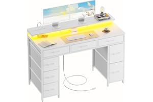 HLDIRECT 47 Inch Computer Desk with Power Outlets & LED Light, Home Office Desk with 8 Fabric Storage Drawers, Study Writing 