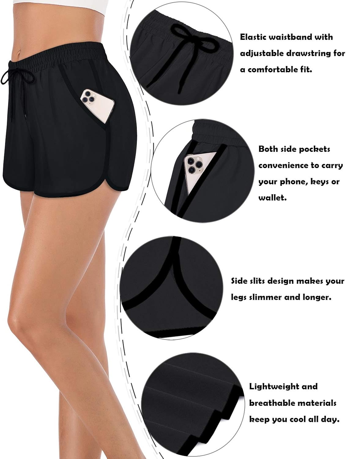 Fulbelle Womens Double Layer Drawstring Elastic Waist Athletic Shorts with Pockets: Clothing