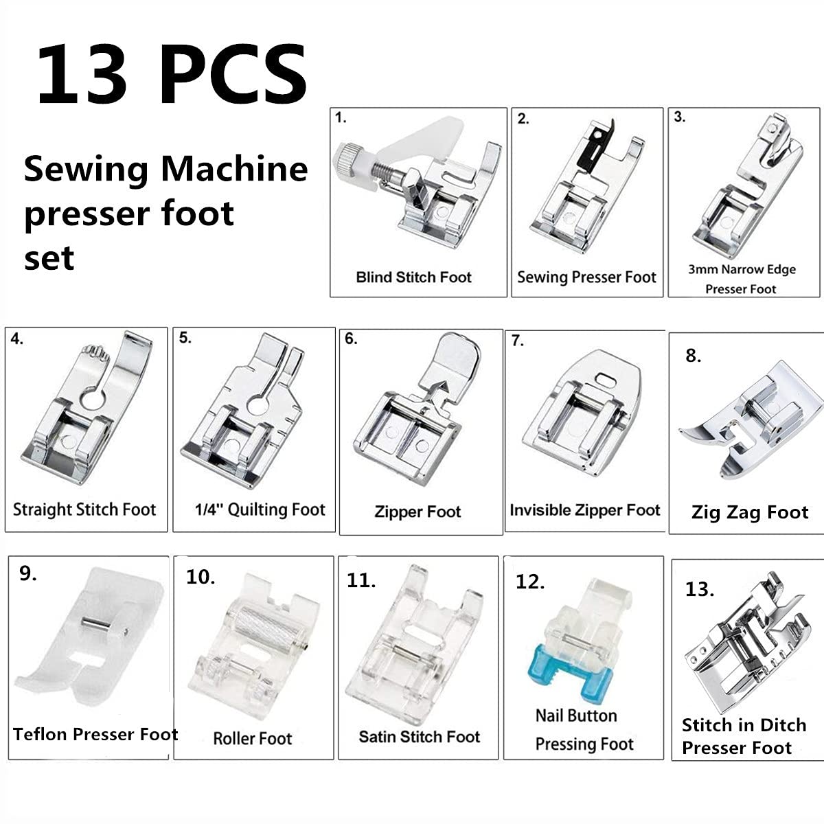 13Pcs Presser Feet Set for Household Sewing Machine Brother Singer Janome Toyota...