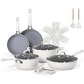 Ammeloo 15-Piece Ribbed Ceramic Cookware Set, Pots and Pans Set Non Stick, Induction Ready, Healthy Non Toxic Kitchen Cooking Set PFAS/PFOA/PTFE-Free, Silicone-wrapped Stay-Cool Handle