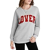 Wyeysyt Valentine Sweatshirt for Women Lover Letter Patch Crewneck Pullover Oversized Sweatshirts for Valentine's Day