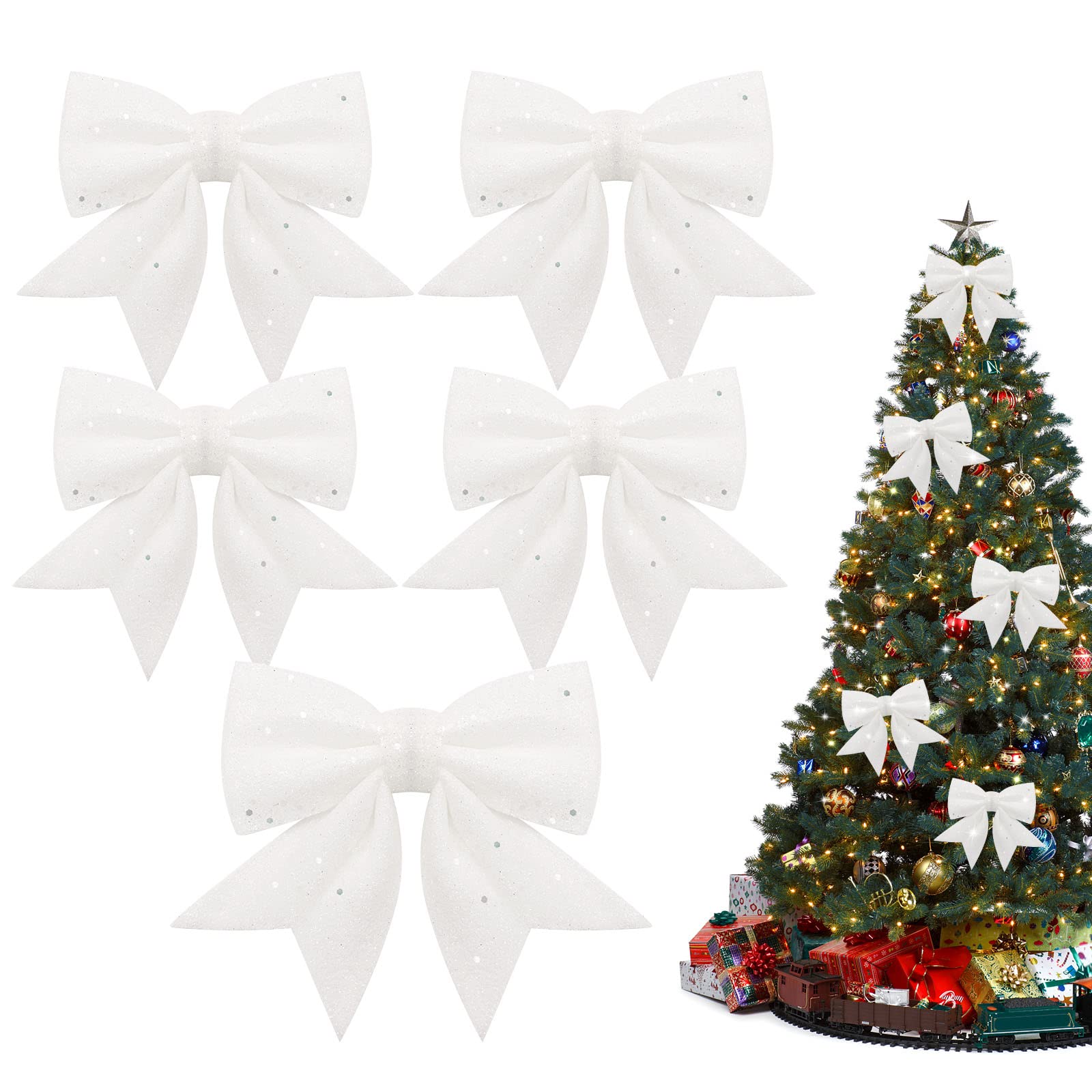 Yueshop Christmas Bows Large Bows Decoration, 5PCS 4.7in*5.9in Xmas Tree Bow Glitter, Sequin Bowknot Ties, Suitable for Christmas Party, Wedding, Home Ornament Decoration(White)
