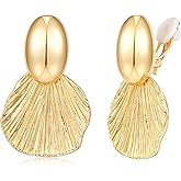 FILMOON Gold-Plated Clip-On Earrings Non-Pierced Fan Shell Statement Earrings Textured Coastal Jewelry
