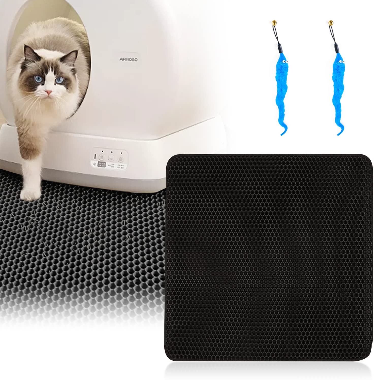 1 Cat Litter Box Mat and 2 Cat Caterpillar Toys, Double Layer Honeycomb Mat, 30 * 30cm Litter Box Mat, EVA Non-slip Mat, Waterproof and Anti-Urine, Easy to Clean, for Cat Litter Box (Black)