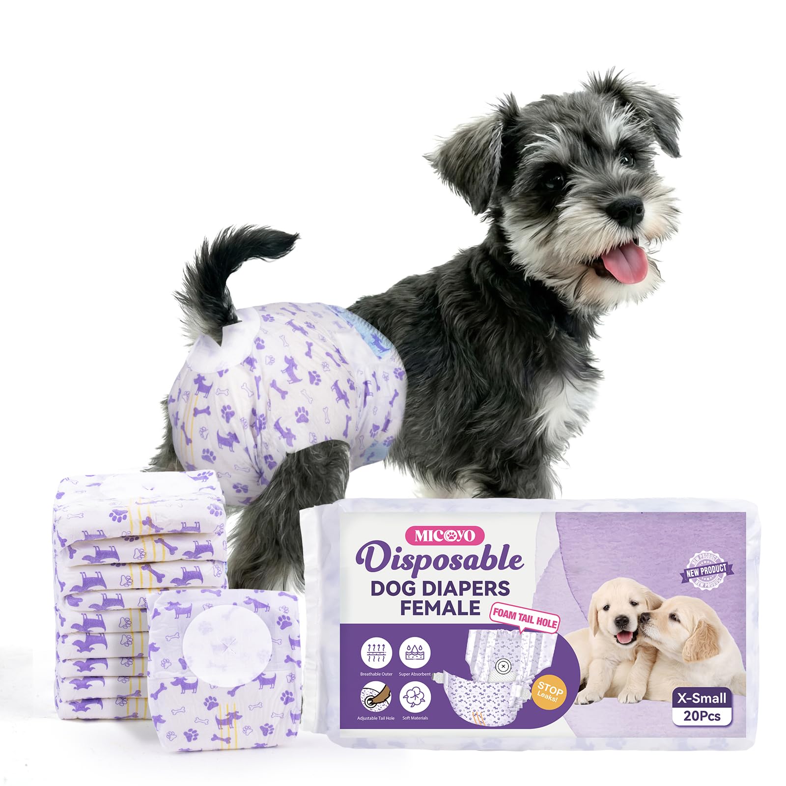 MICOOYO Dog Nappies Female 20 count, Disposable Dog Period Pants with Adjustable Tail Hole, Super Absorbent Diapers for Female Dogs Cat in Heat Season Incontinence(XS)