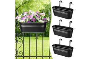 BEHEN BAHEN 3 Pcs Large Balcony Planters Railing Hanging Flower Pots- 16.2 Inch Metal Railing Planter Box Fence Planters for Outdoor Plants with Detachable Hooks and Drain Holes for Garden Decor (Black-16.2inch)
