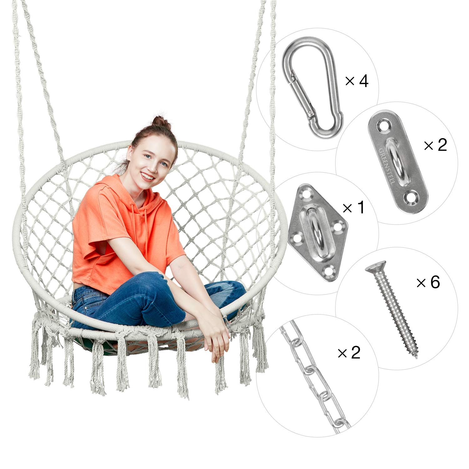 Greenstell Hammock Chair Macrame Swing with Hanging Kits, Hanging Cotton Rope Swing Chair, Comfortable Sturdy Hanging Chairs for Indoor, Outdoor, Home, Patio, Yard, Garden, 330LBS Capacity (Beige)