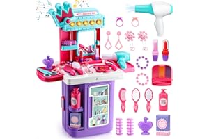 Jovow Kids Makeup Vanity, 41pcs Princess Crown Girls Vanity with Light, Music, Makeup Accessories & Electric Hair Dryer, Toddler Vanity Makeup Table Toys for 3-5 Years Old