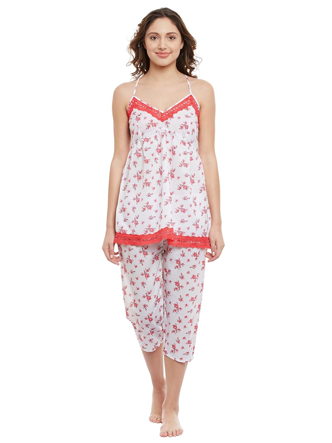 clovia women's cotton floral print spaghetti top & capri set
