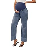 MARI GABRIEL Women Maternity Jeans Denim Straight Leg Cuffed High Stretchy Over The Belly Pregnant Pants Work Casual