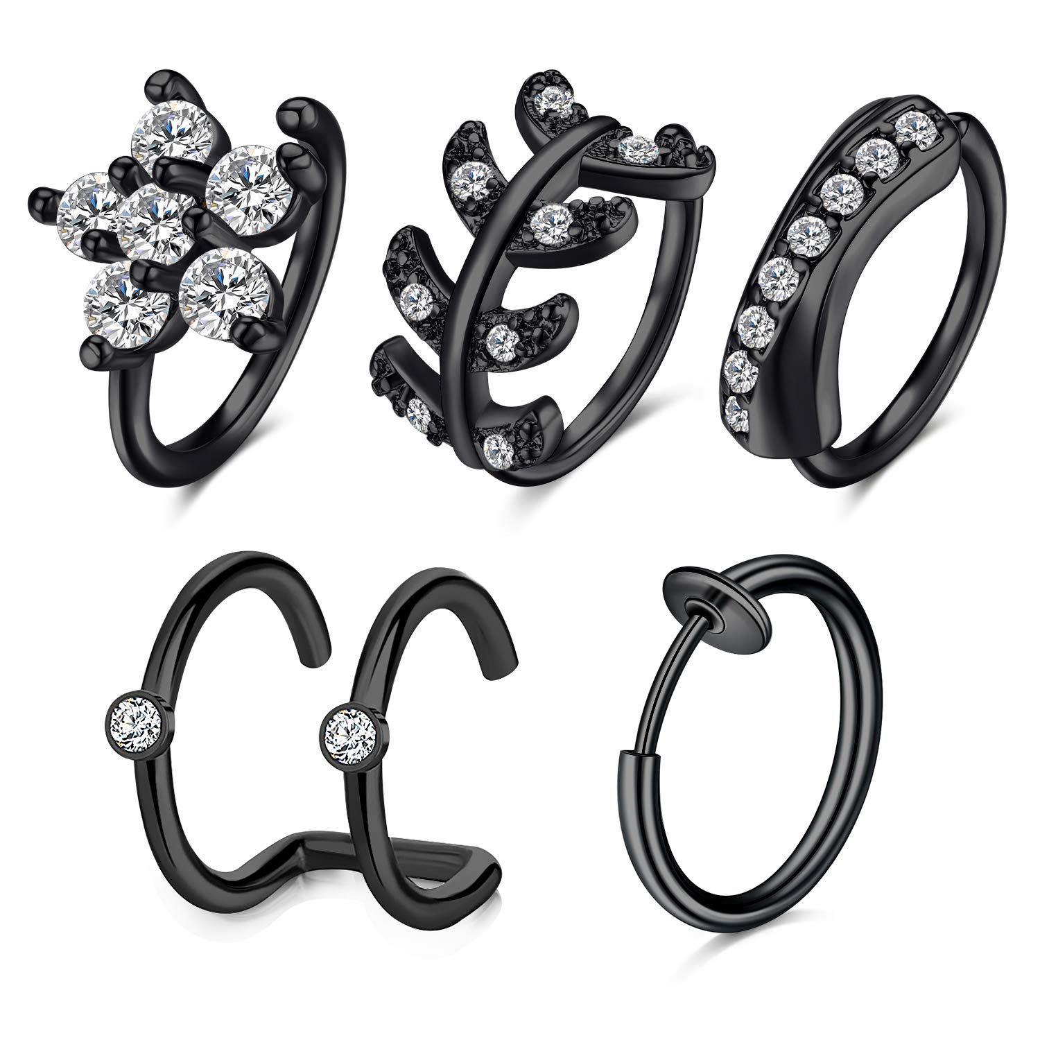 LAURITAMI 5pcs Cartilage Hoops Earrings Ear Cuff Surgical Steel 18G Helix Tragus Rings Clip Fake Septum Leaf CZ Flower Piercing Jewellery