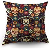Moslion Skull Throw Pillow Cover Sugar Skull Flowers Mexico Dia de Los Muertos Cotton Linen Halloween Decorative Pillow Case 18 x 18 Inch Standard Square Cushion Cover for Sofa Bedroom Men Women