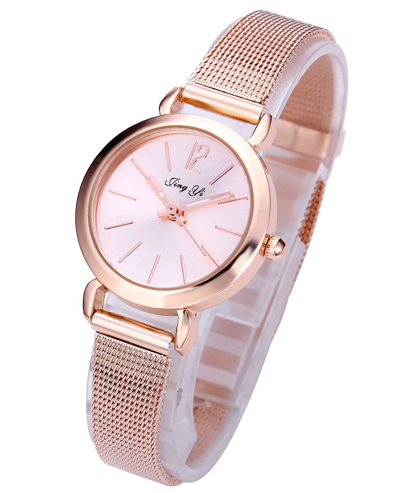 JSDDE Uhren,Einfach Elegante Damen Armbanduhr XS Slim Uhren Mesh Metallarmband Analog Quarz Uhr,Rosegold