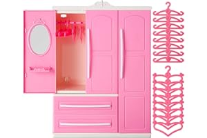 SKYLETY Doll Closet Furniture Wardrobe Clothing Organizer Doll Open Wardrobe Dollhouse Closet with 20 Pieces Hangers 2 Style Pink Plastic Hangers Dollhouse Furniture Accessories(Classic Style)