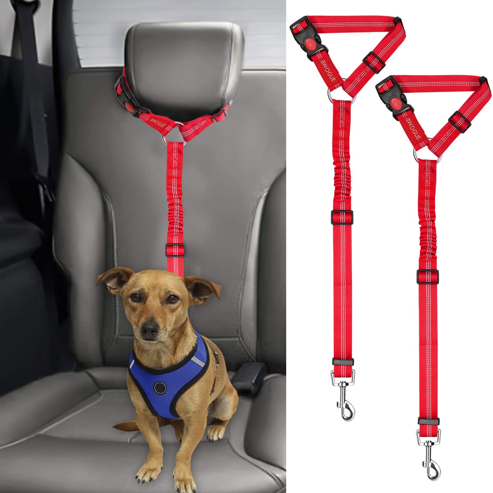 BWOGUE 2 Packs Dog Cat Safety Seat Belt Strap Car Headrest Restraint Adjustable Nylon Fabric Dog Restraints Vehicle Seatbelts Harness — image 1