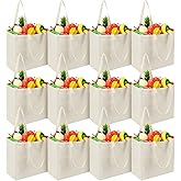 Reginary 12 Pack Canvas Grocery Bag Large Blank Shopping Tote Bags Reusable Pouches Bulk with Handle, 14 x 14 x 7.9''