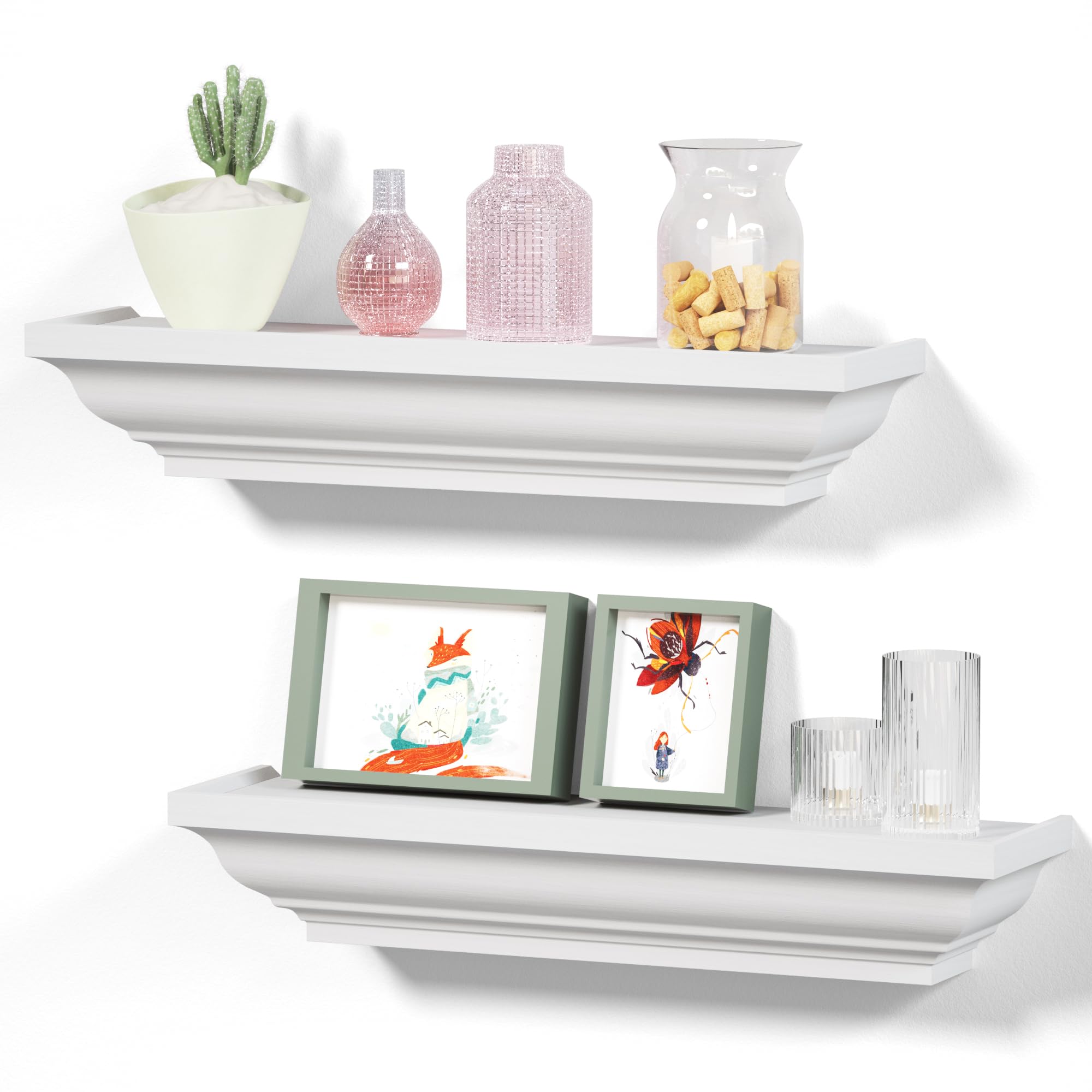 Alsonerbay Floating Shelves for Wall, White Wall Shelves for Bedroom Set of 2, Wooden Rustic Shelf for Living Room Bathroom Office
