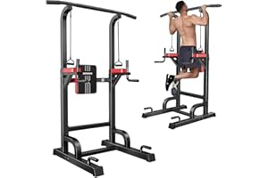 POOBOO Power Tower Dip Station Pull Up Bar for Fitness Home Gym Workout,Multi-Function Adjustable Height Fitness Strength Training Exercise Equipment,with Power Elastic Ropes