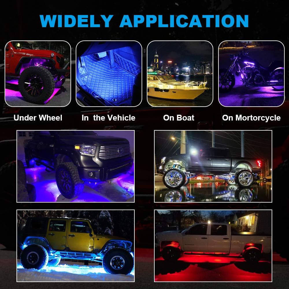 TACHICO RGB LED Rock Lights with APP/Double RF Remote Control,120 LEDs Multicolor Underglow Neon IP68 Flashing Music Timing Mode Light Kits for Jeep Off Road Truck ATV Motorcycle, DC 12V（8 Pods）: Automotive