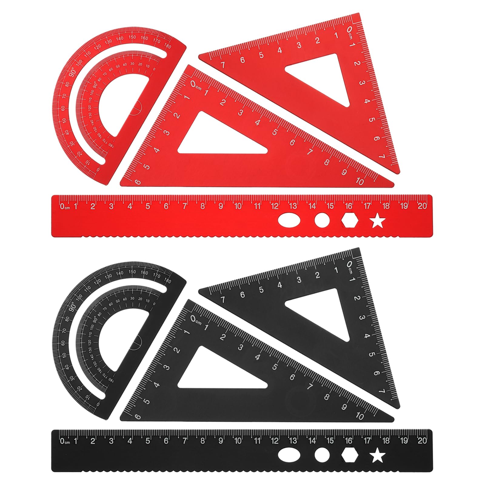 PATIKIL Triangular Ruler Set, 20cm Aluminum Metric Ruler, 45°60°Triangular Ruler and Protractor, 8 Packs, Black/Red