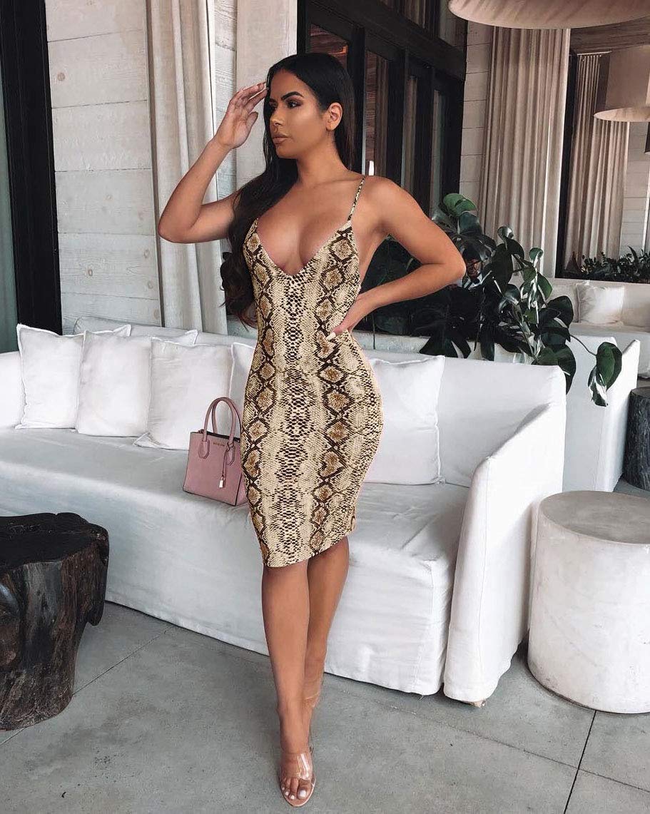 Womens Snakeskin Bodycon Dress - Sexy Spaghetti Straps Deep v Dress Party Clubwear Dresses Brown