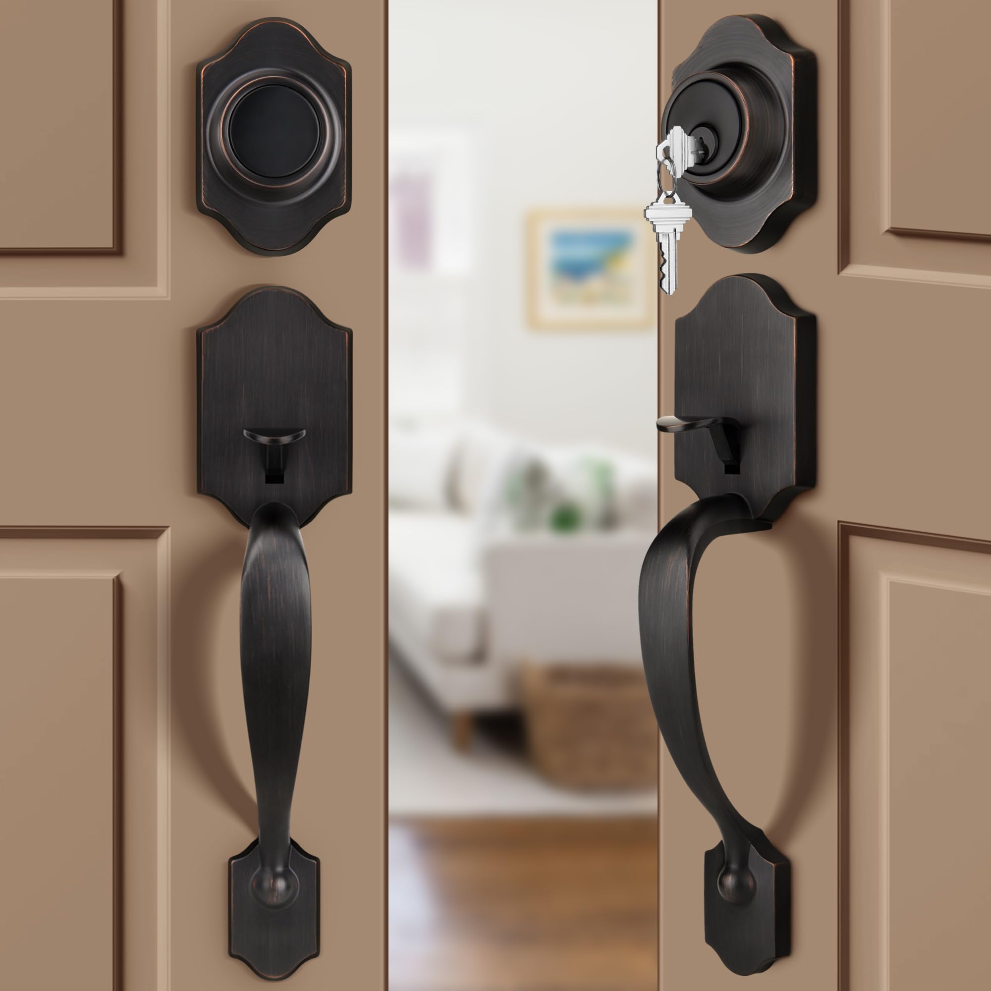 Photo 1 of Moquin Double Door Handle Set for Front Door, Classic Double Front Door Lock Set with Dummy, Reversible Handle Lever for Entrance Exterior Doors, Oil Rubbed Bronze