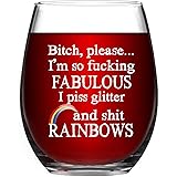 Funny Wine Glass 15Oz, Please I'm So Fabulous I Pee Glitter Stemless Wine Glass, Funny Gift for Women Girls Soul Sister BFF