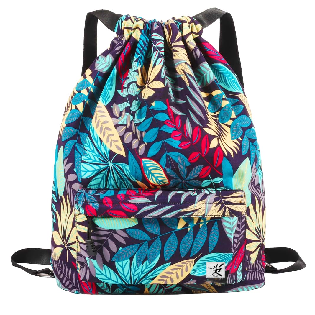 Photo 1 of Risefit Water Resistant Drawstring Bag, Gym Bag Sackpack Sports Beach Backpack for Men Women (Blue Leaves)