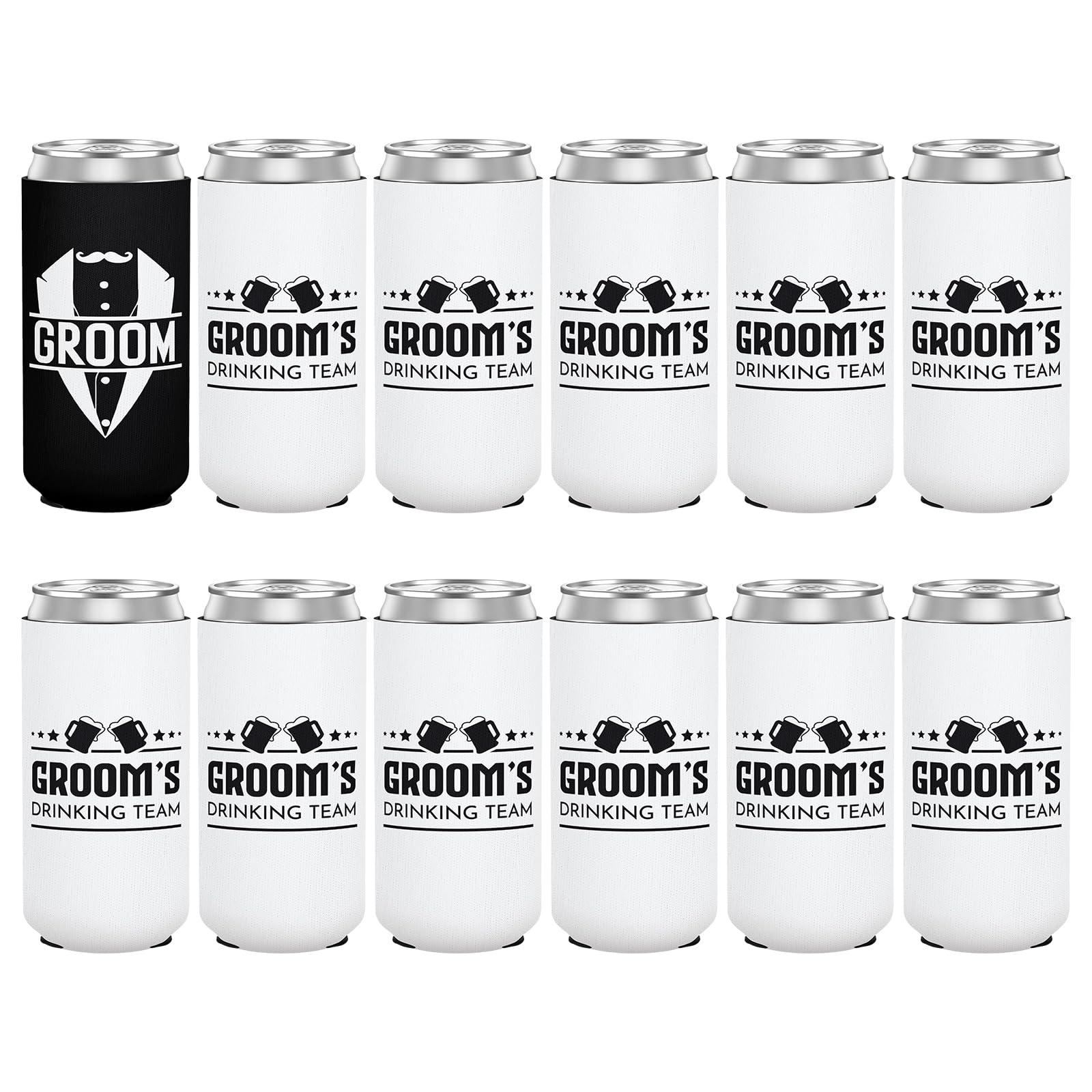Photo 1 of 12 Pack Bachelor Party Can Coolers with Groom Squad Design, Insulated Neoprene Beer Sleeves for Men, Black & White Reusable Drink Holders Groomsmen Gifts
