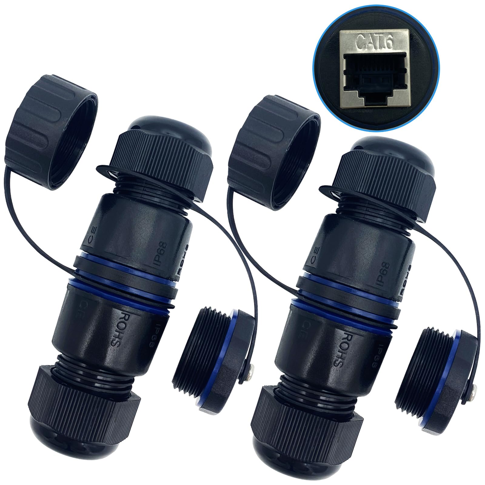 CTRICALVER RJ 45 Waterproof Connector, Shielded Network Extender for CAT.6E/CAT.6/CAT.5E/CAT.5, RJ45 Coupler with Waterproof/Dust Cap, Ethernet Connectors Outdoor (2 Pcs)