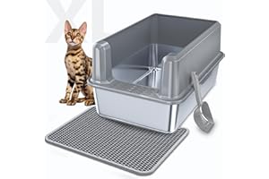 HiHloy Stainless Steel Cat Litter Box, Large Metal Kitty Litter Pan with Scoop& Mat, High Sided, Non-Sticky, Anti-Leakage, Ea