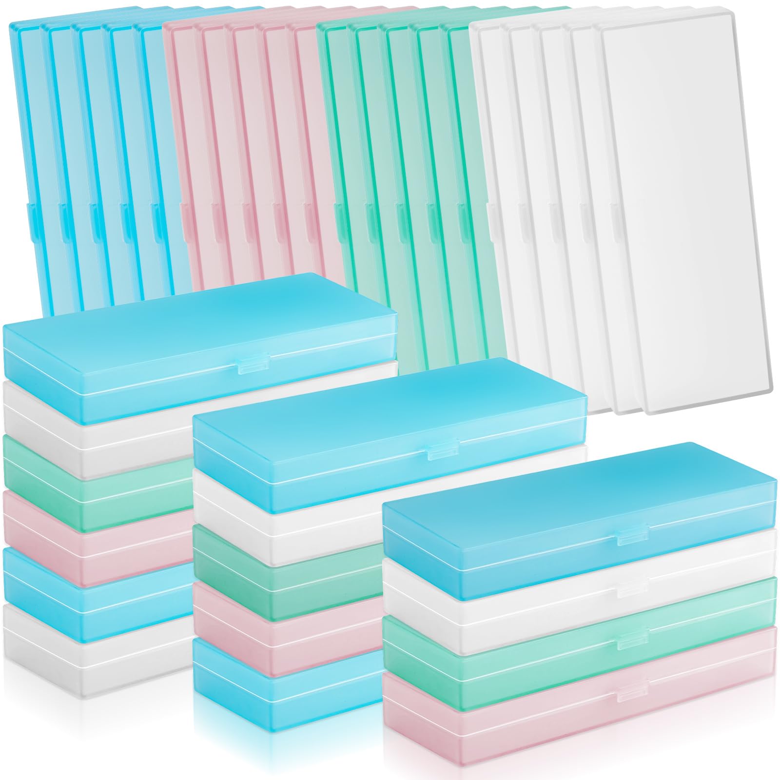 Photo 1 of Fainne 80 Pieces Large Plastic Pencil Boxes Frosted Clear Multi Colored Pencil Case Pens Holder Stackable Container with Lid and Snap for Student Office Classroom Back to School(White Pink Blue Green)