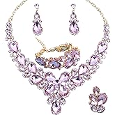 QYJ Women's Wedding Bridal Austrian Crystal Glass Teardrop Statement Necklace Dangle Earrings Bracelet Ring Wedding Party Jewelry Set for Bridal Bridesmaid