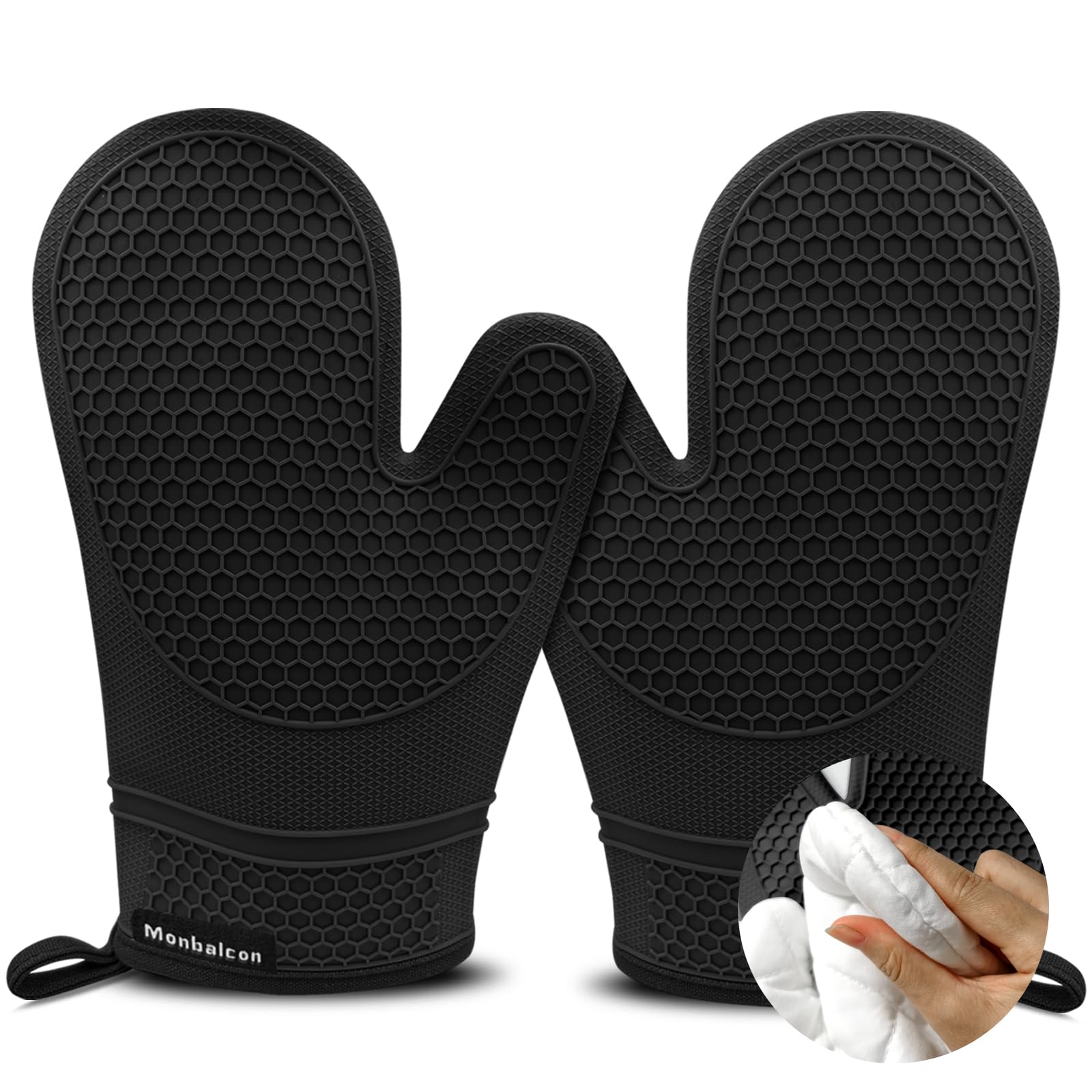 Photo 1 of Monbalcon Silicone Oven Mitts Heat Resistant to 500ºF Kitchen Gloves Oven Gloves Silicone Oven Mitt Pair Oven Mitts Set Thickened Waterproof Mittens for Women Men Kitchen Home, 1 Pair (Black)