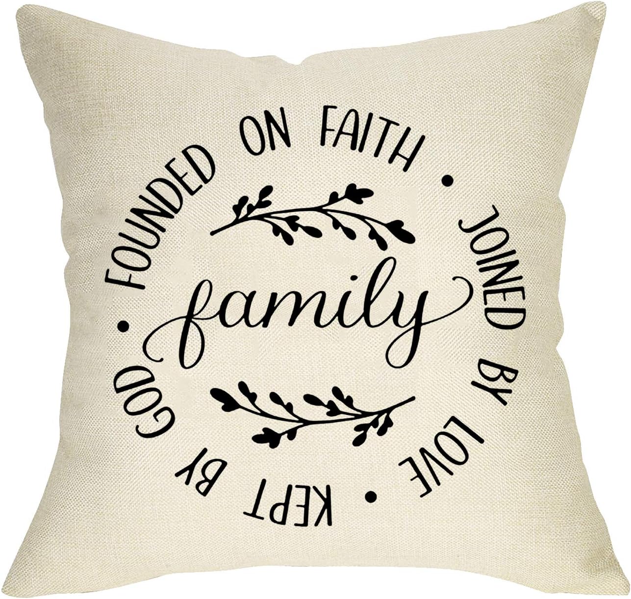 FBCOO Family Quotes Decorative Throw Pillow Cover Founded on Faith Joined by Love Kept by God, Rustic Farmhouse Cushion Case Olive Branch Decorations Home Square Pillowcase Decor 18 x 18 Cotton Linen