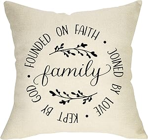 FBCOO Family Quotes Decorative Throw Pillow Cover Founded on Faith Joined by Love Kept by God, Rustic Farmhouse Cushion Case Olive Branch Decorations Home Square Pillowcase Decor 18 x 18 Cotton Linen