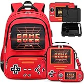 ACESAK Game luminous Boys Backpack - Bento Box with Insulated Lunch Bag Pencil Case, Utensils Set for Kids, 6 Leakproof Compartments Removable Tray Lunches or Snack Container (Red)
