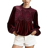 synound Women’s Lace Velvet Tops for Women Puff Long Sleeve Trim Flared Round Neck Swing Blouse Elegant Loose Peplum Shirt