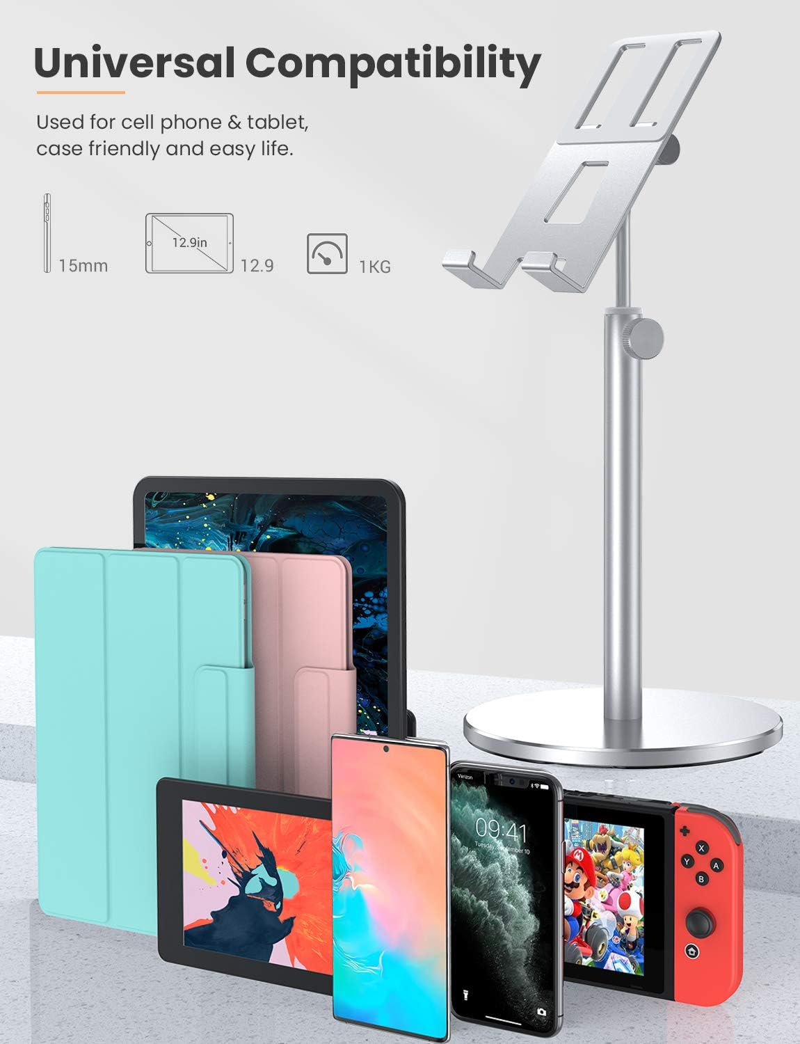 LISEN Tablet Stand, Upgraded Stable iPad Stand Holder All Aluminum Alloy, Angle Height Adjustable iPad Holder for Desk Case Friendly for 4.7"-12.9" Phones/iPad/Tablets/Switchs/Kindles/eBook Reader: Electronics