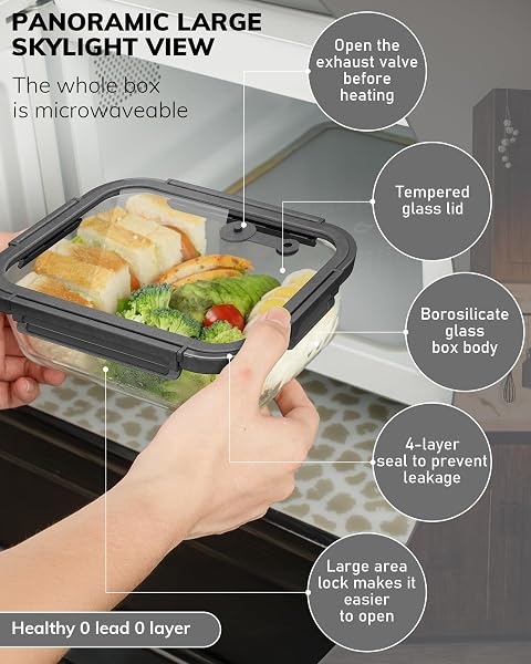 BOROHOUSE 2-PACK GLASS FOOD STORAGE CONTAINERS WITH TEMPERED LIDS (630ML/2.7CUP) – AIRTIGHT SNAP LOCK, MICROWAVE & OVEN SAFE (-4℉~ 950°F), FREEZER TO BAKING DISH, BPA-FREE, GIFT BOX (GRAY)