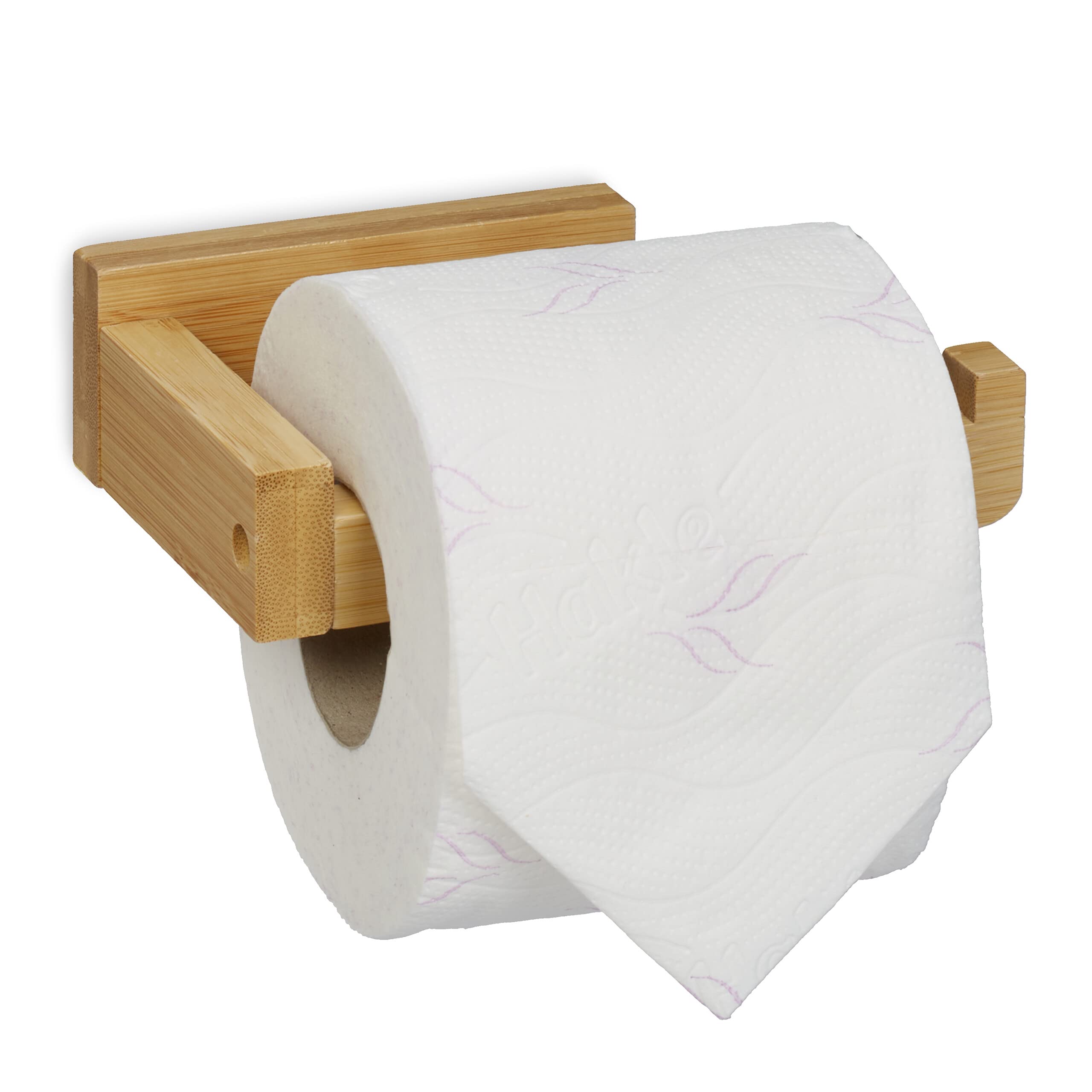 Relaxdays Toilet Paper Holder Bamboo, Bathroom Roll, Stick-on to The Wall, Modern Design, HxWxD: 4 x 14 x 9 cm, Natural