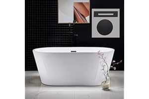 WOODBRIDGE 59" Freestanding White Acrylic Soaking Bathtub with Matte Black Drain and Overflow,BTA1514-MB