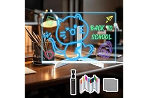 YEEJINHONG Upgrade LED Note Board with Colors,Acrylic Message Board with 7-Color Light,Light Up Dry Erase Board for Kids with Adjustable Stand 12 Colour Pen,Glow Memo Message Writing Drawing Board (8" X 8")